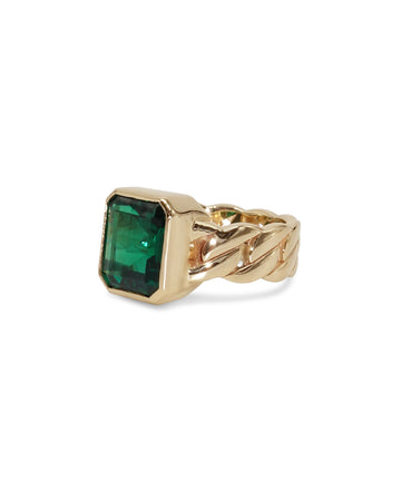 Solid Yellow Gold Emerald Green Cuban Link Ring