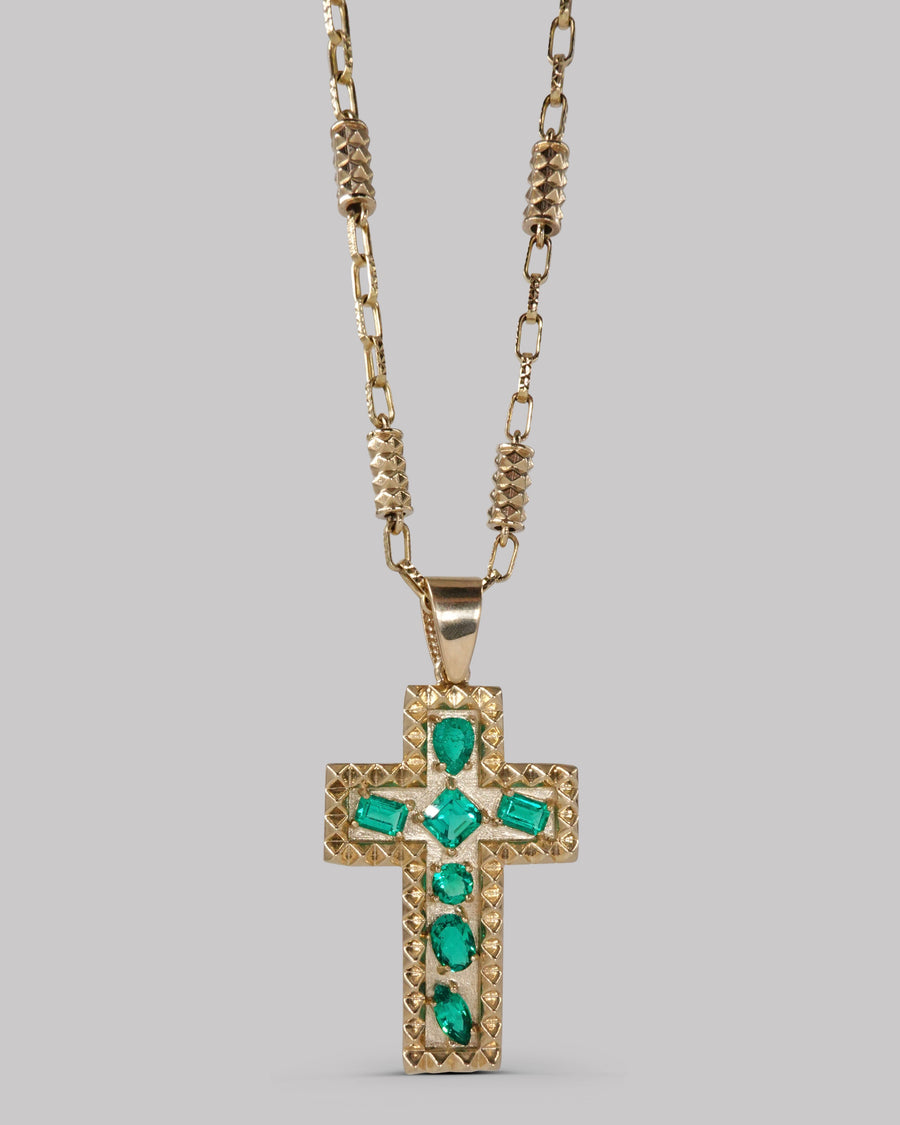 14k Yellow Gold Cross Necklace With Multi Shaped Lab-Grown Emeralds