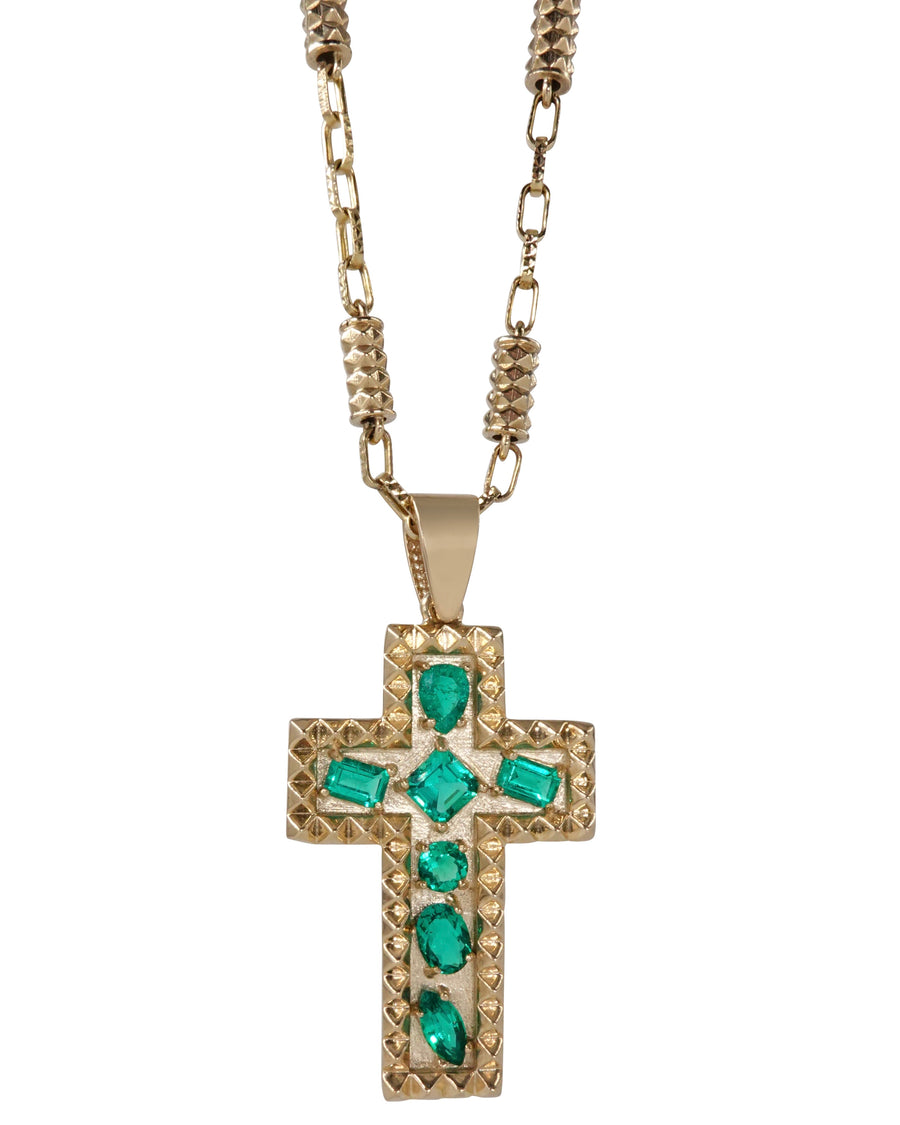 14k Yellow Gold Cross Necklace With Multi Shaped Lab-Grown Emeralds
