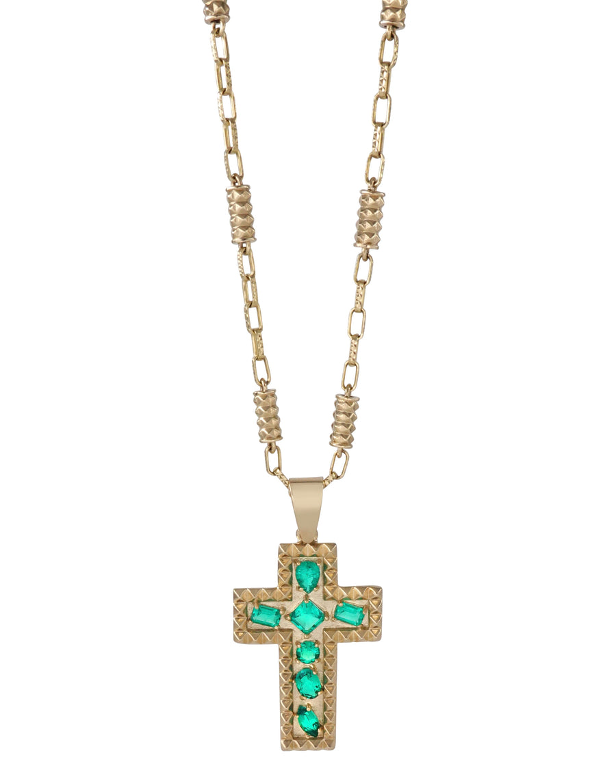 14k Yellow Gold Cross Necklace With Multi Shaped Lab-Grown Emeralds