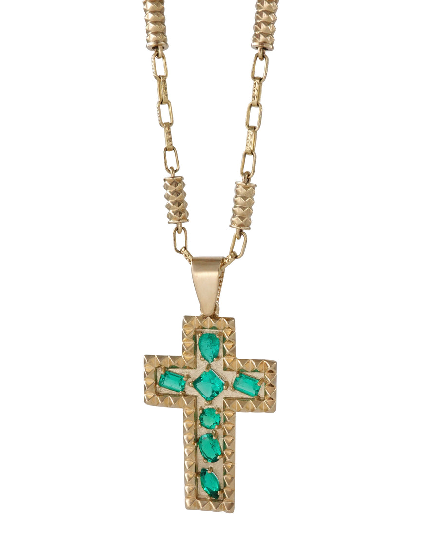 14k Yellow Gold Cross Necklace With Multi Shaped Lab-Grown Emeralds