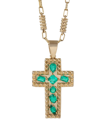 14k Yellow Gold Cross Necklace With Multi Shaped Lab-Grown Emeralds