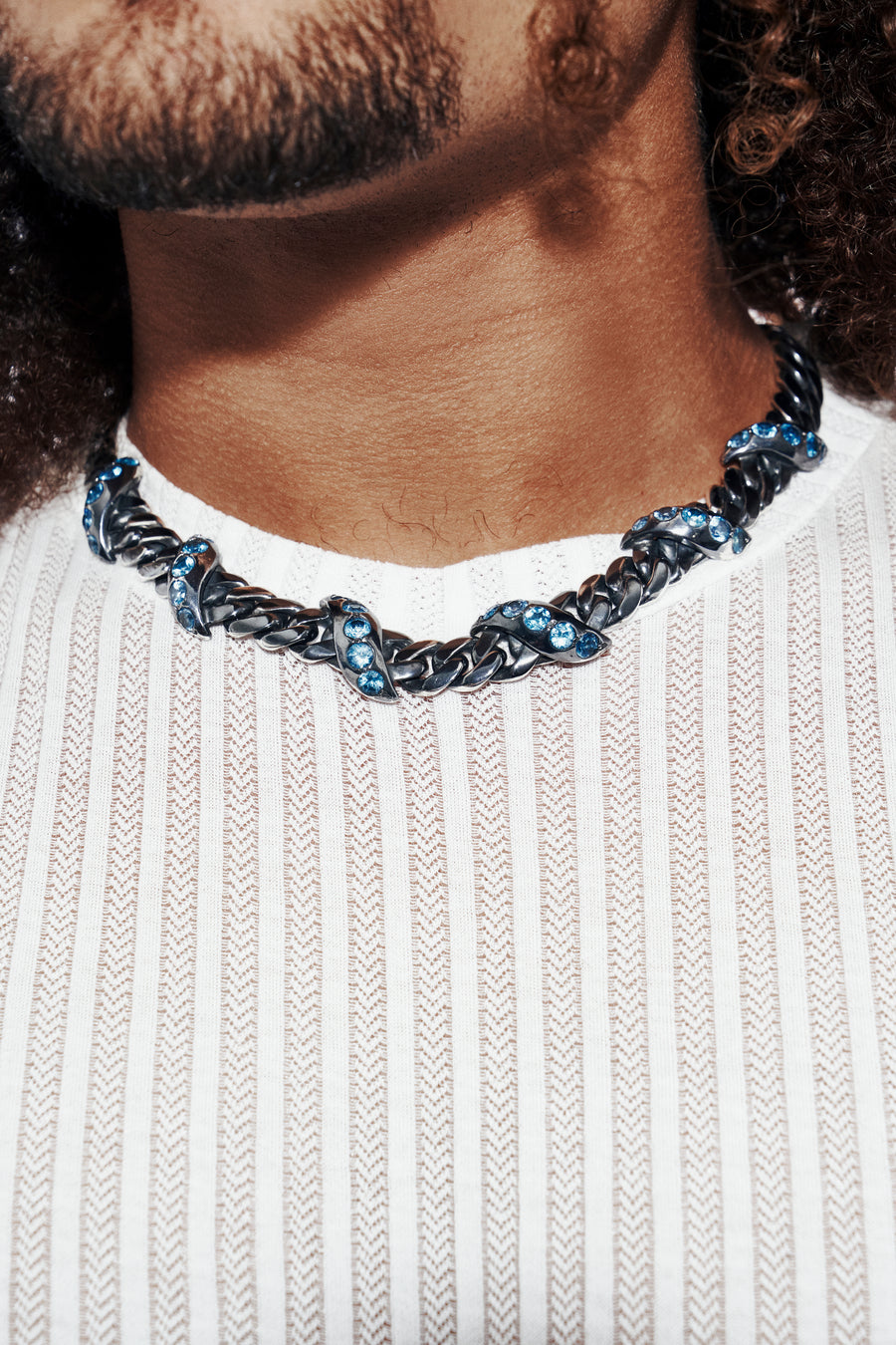 Blue Topaz Cuban Link Necklace With Antique Finish