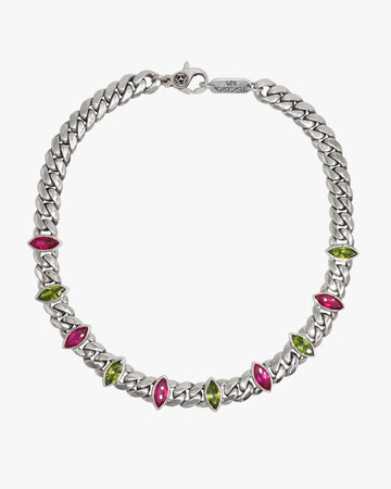 Marquise Cut Cuban Link Necklace w/ Ruby and Peridot Stones